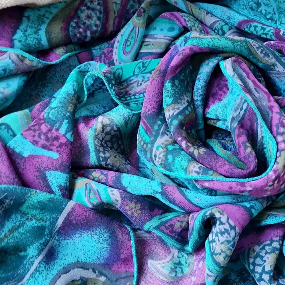Designer Blue Purple Violet Scarf Silk/Viscose Bow Jabot Paisley Big Brooch - Picture 11 of 17